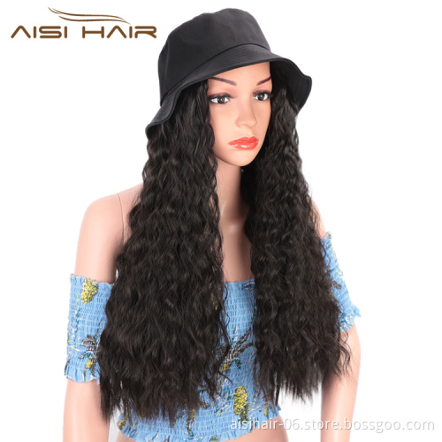 Aisi Hair Outdoor Hat Black Water Wave Wig Party Knit Slouchy Hat Synthetic Fiber Hair Extension With Black Bucket Hat For Women